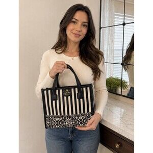 GUNAS New York Black Striped Baroque Canvas Small Tote Bag with Shoulder Strap